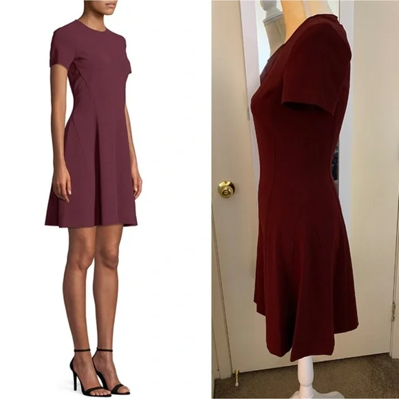 THEORY Modern Seamed Short Sleeve Jewel Neck Shift Dress in Deep Mulberry - Picture 4 of 14